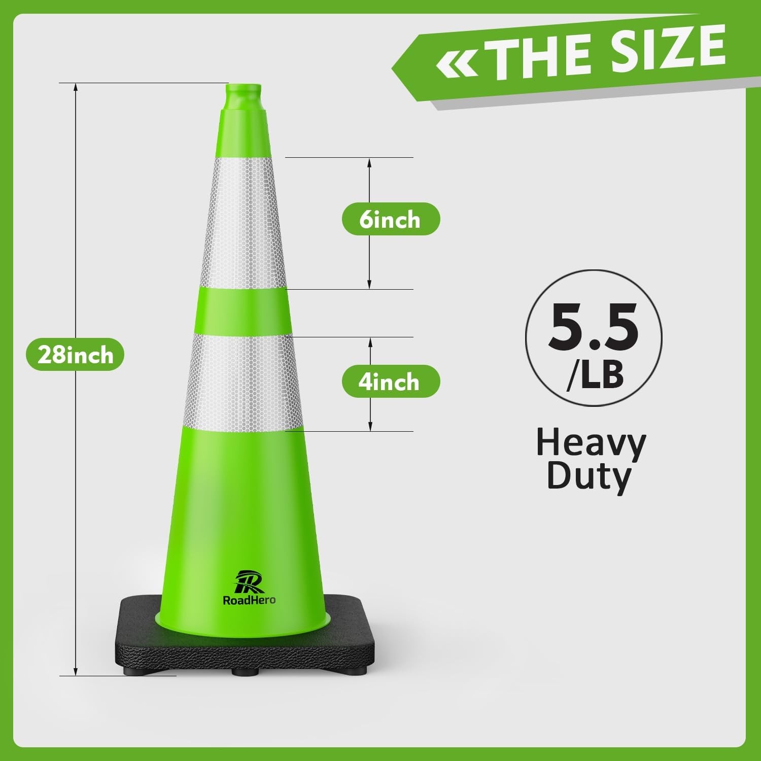 RoadHero 8 Pack 28in Traffic Safety Cones Weighted Base Lime Green Reflective