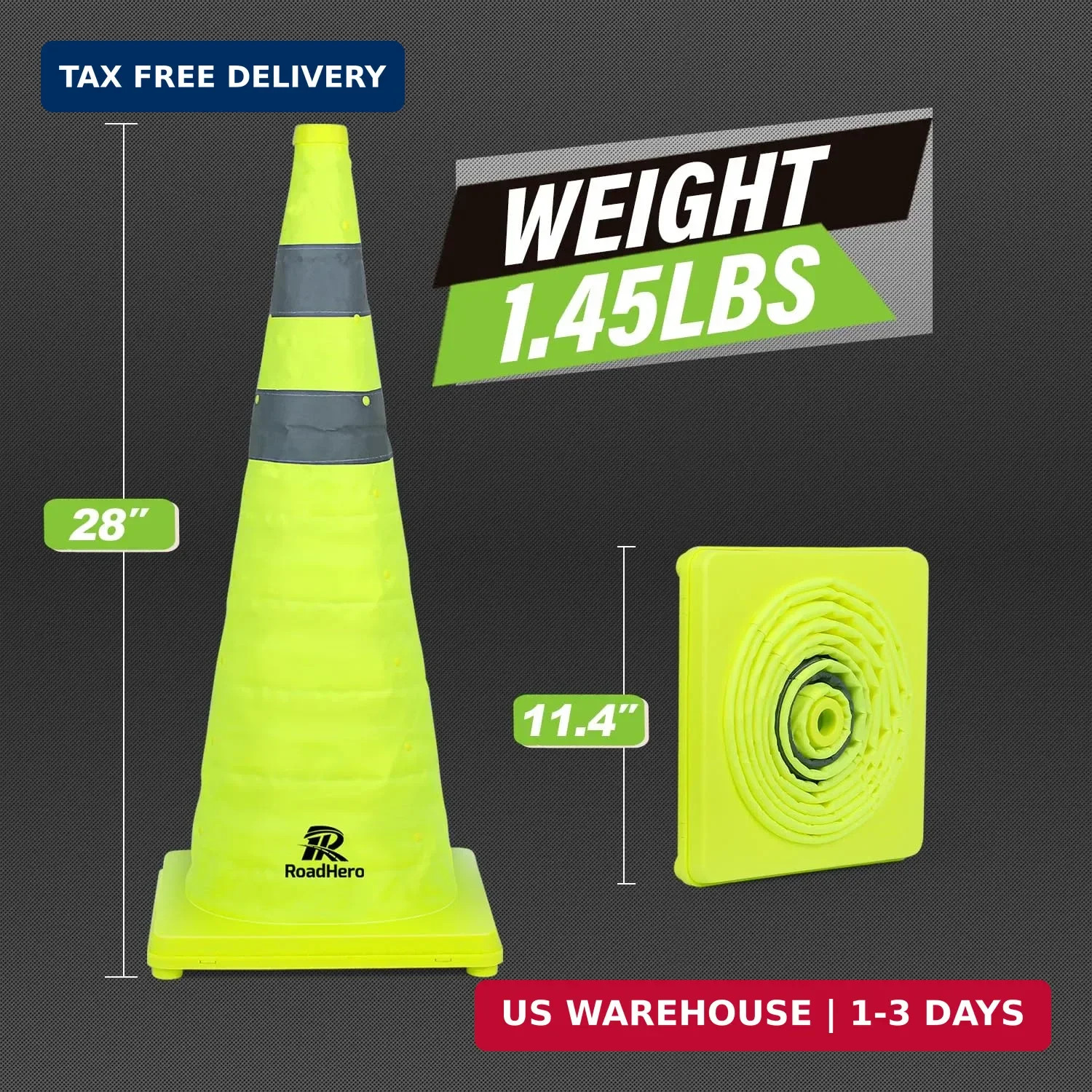 RoadHero 28 Inch 4 Pack Collapsible Traffic Safety Cones, Lime Green Pop-up Cone