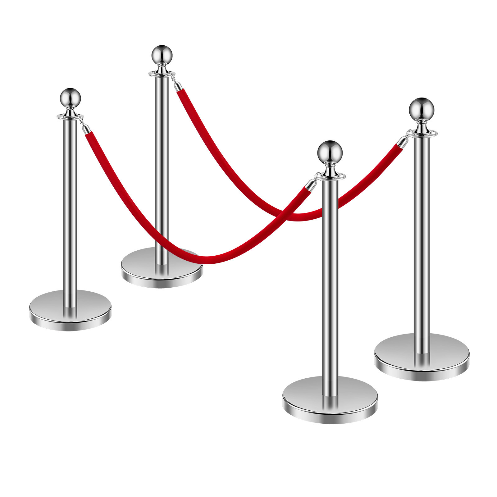 4 Pcs Silver Stanchion Post 2 Red Velvet Ropes Sand Injection Hollow Base