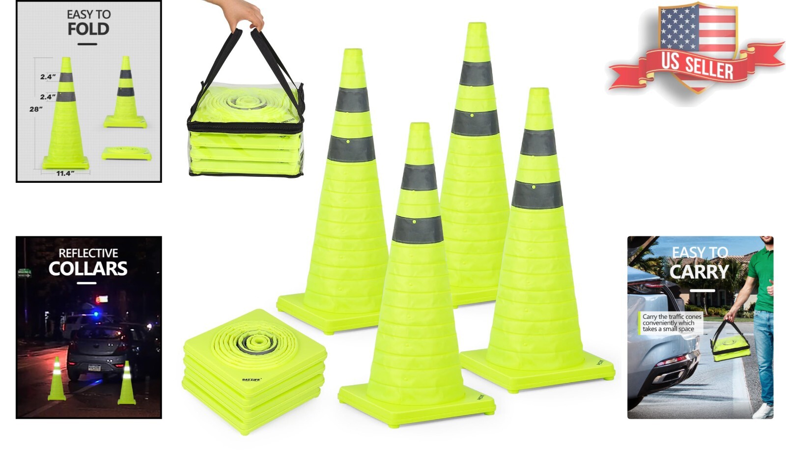 4 Pack Heavy-Duty Collapsible Traffic Cones – 28 inch – Reflective – Lime Green