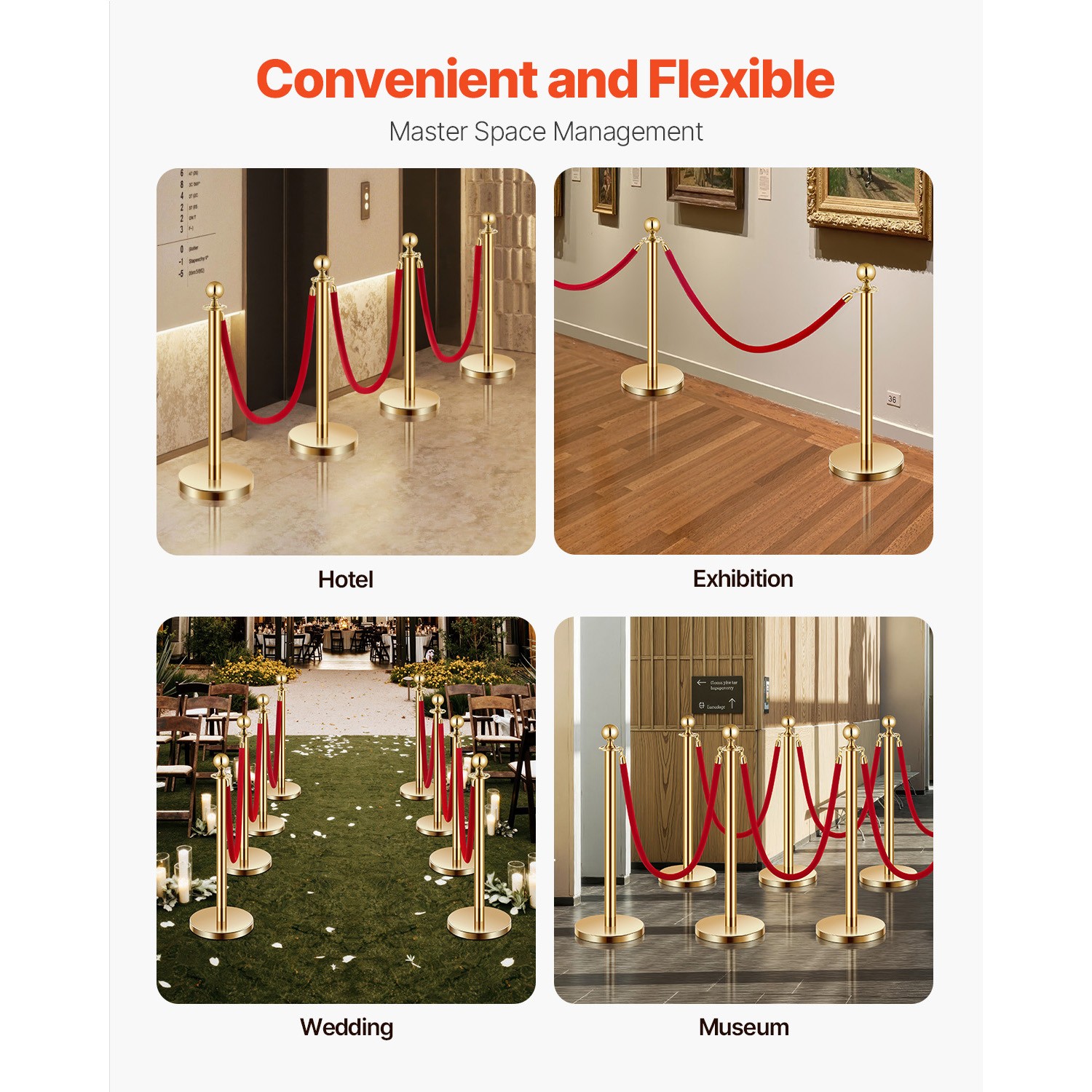 Uimoso 4 Pcs Gold Stanchion Post 3 Red Velvet Ropes Sand Injection Hollow Base