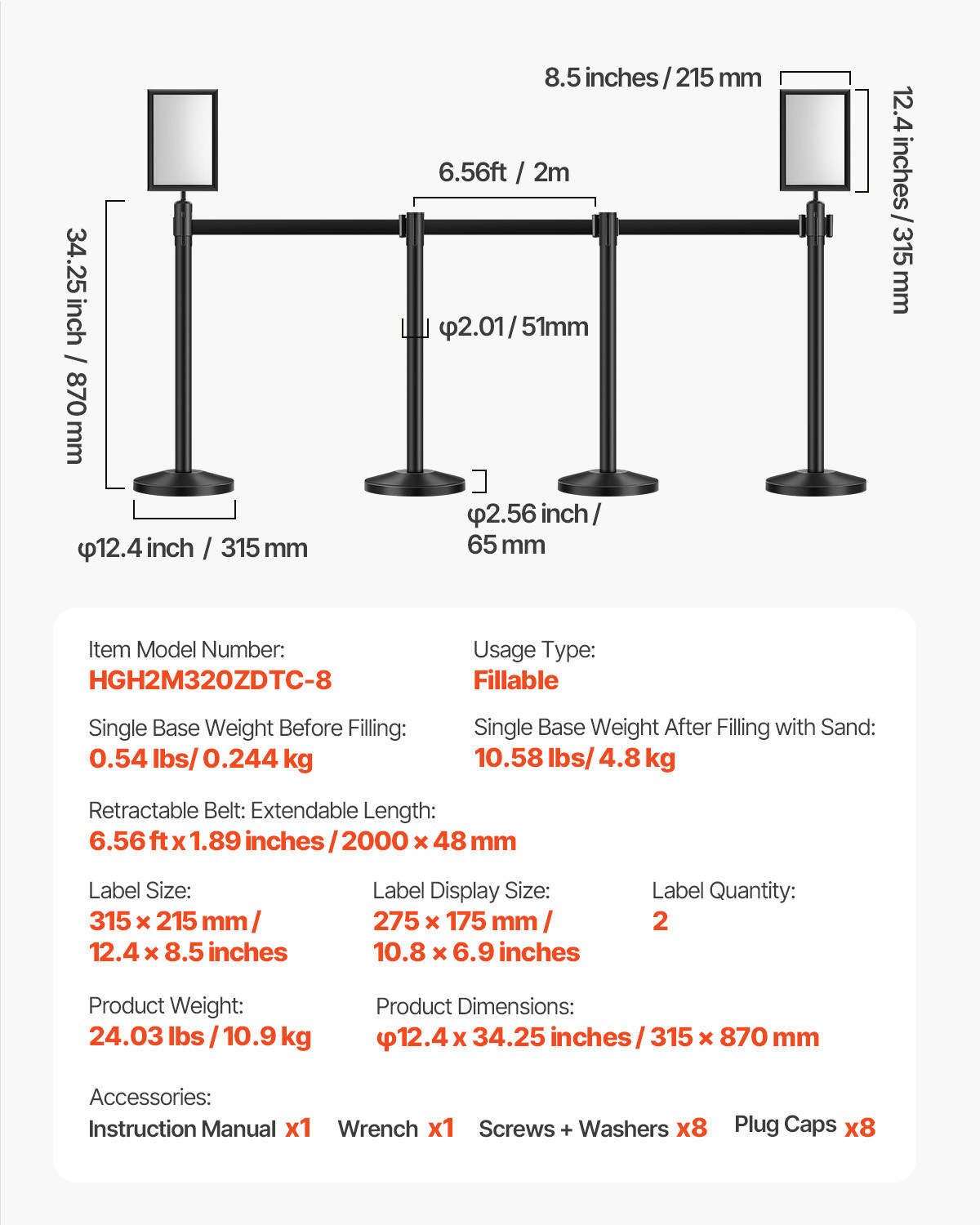 8 Pcs Stanchion Post with 4 Retractable Belts & 2 Sign Holders Hollow Base