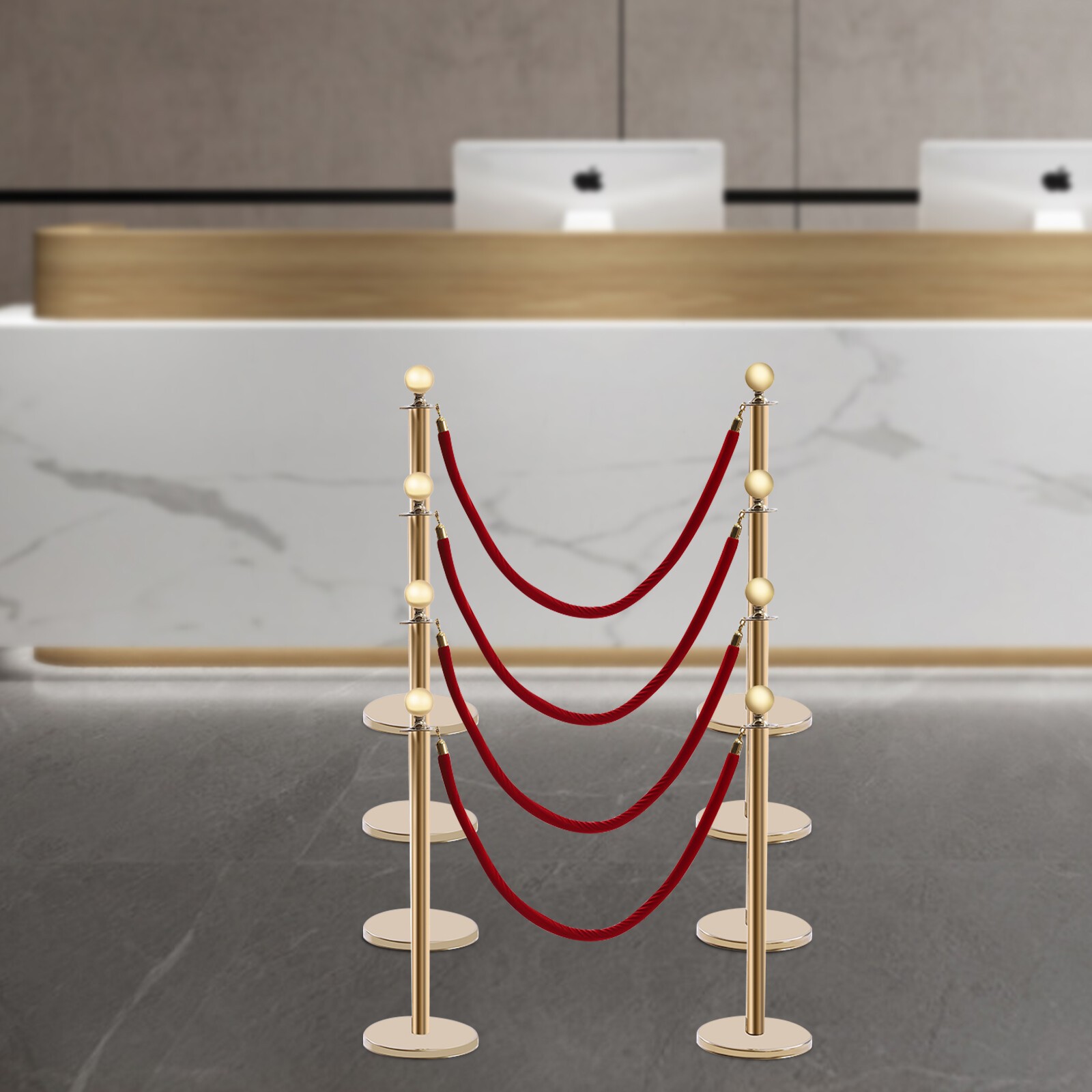 8 PCS Crowd Control Stanchion Gold Posts Set with Red Velvet Rope Queue Barrier!