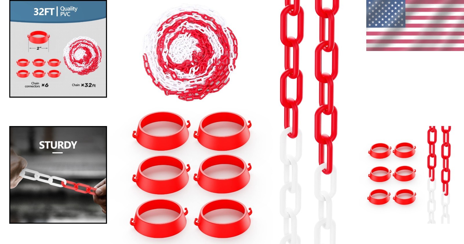 Bright Red & White 32ft Safety Chain with Connectors for Traffic Management