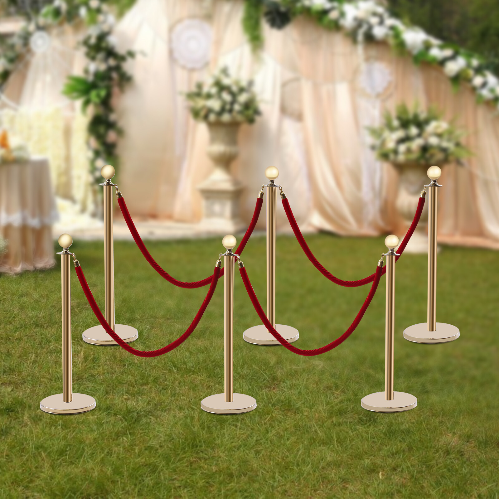 6 Pcs Red Velvet Rope +Gold Stanchion Post Set Crowd Control Queue Pole Barrier