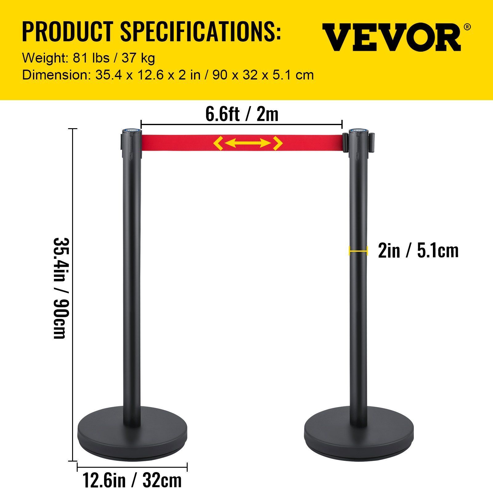 Set of 6 Crowd Control Stanchion w/6.6 ft Retractable Belt Crowd Control Barrier