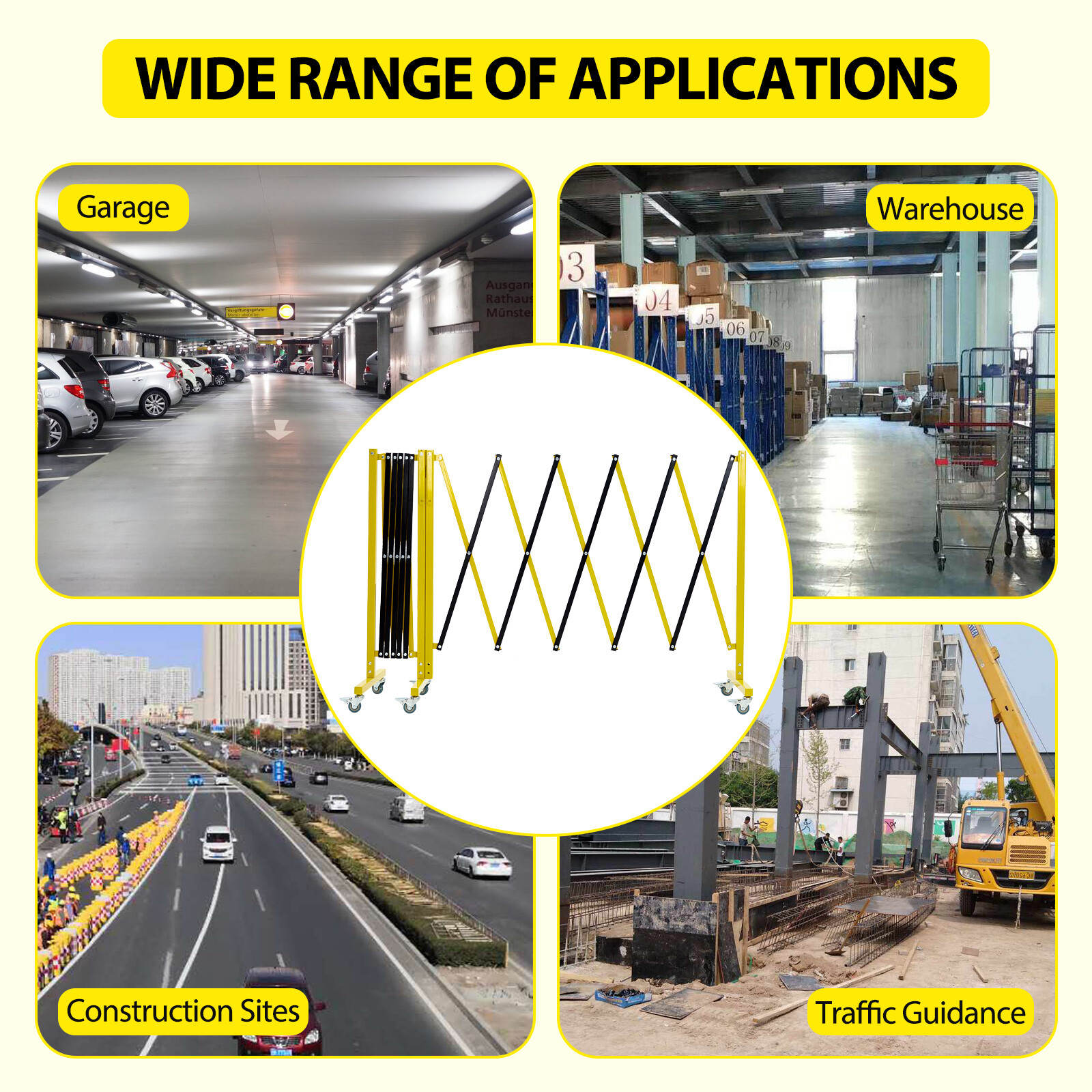 19.8×3.4FT Expandable Metal Barricade Traffic Fence Safety Barrier Gate w/Caster