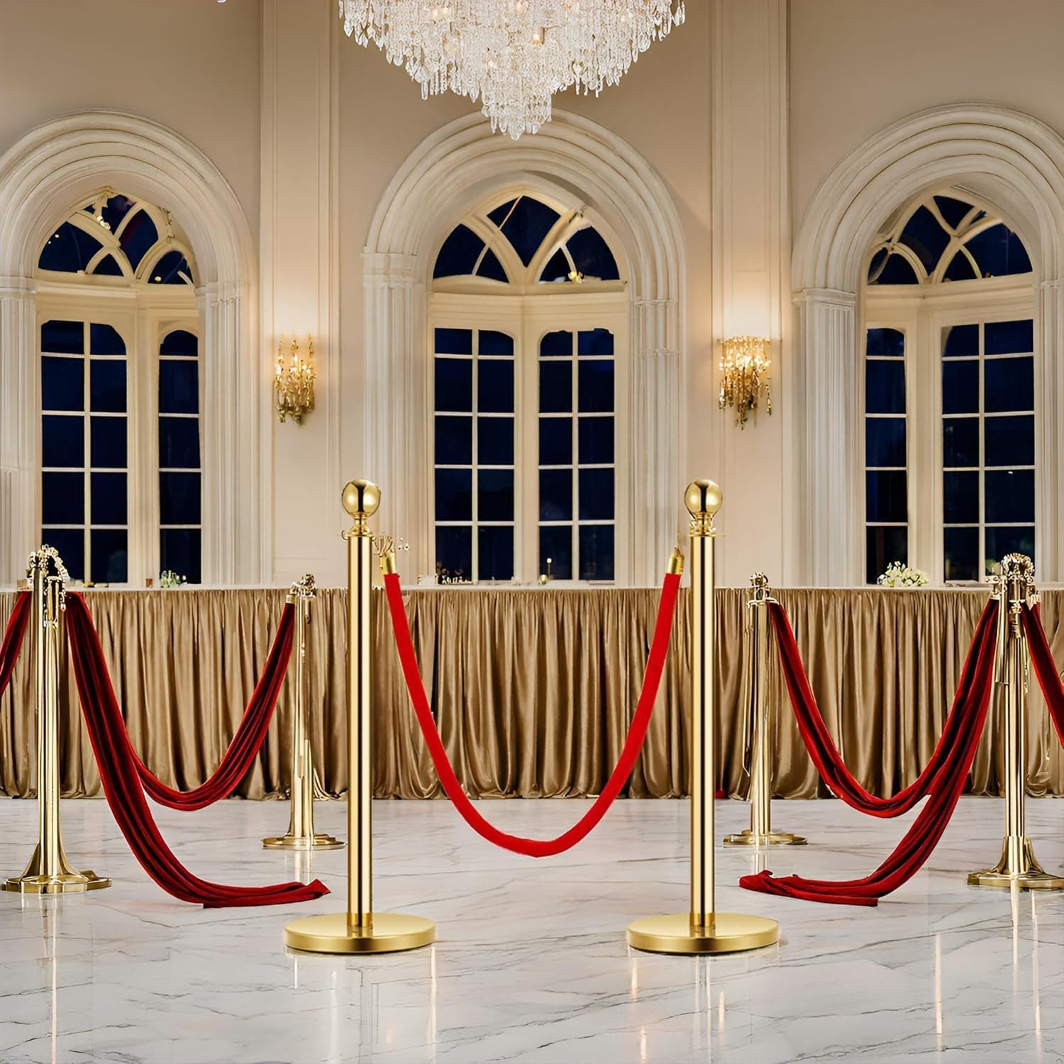 4 Gold Stanchions with 2Pcs 5FT Red Velvet Ropes, Stainless Steel Stanchion Pole