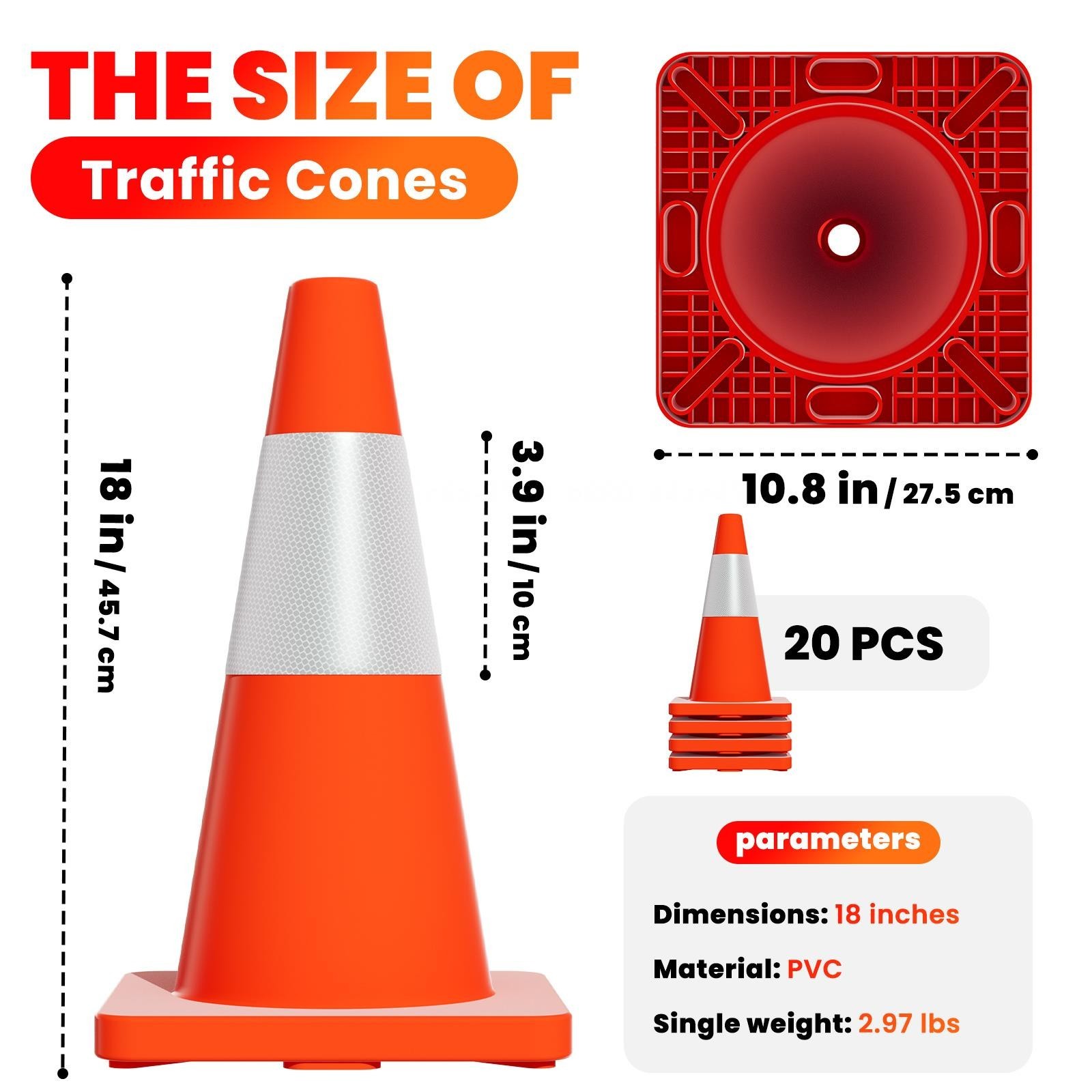 18″ 20Pcs Traffic Cones w/ Reflective Collars Hazard Construction Cones