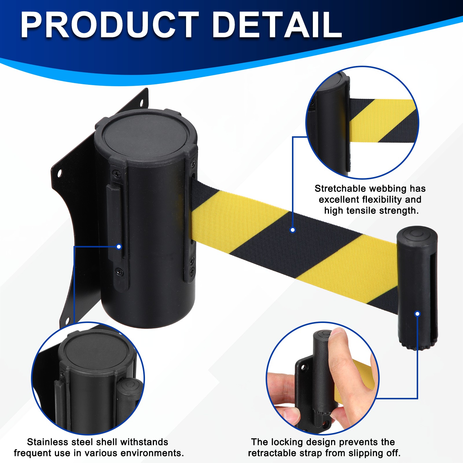 Fixed Wall Mount Retractable Belt Barriers (10 Feet, Black-Yellow) (1 Pcs)