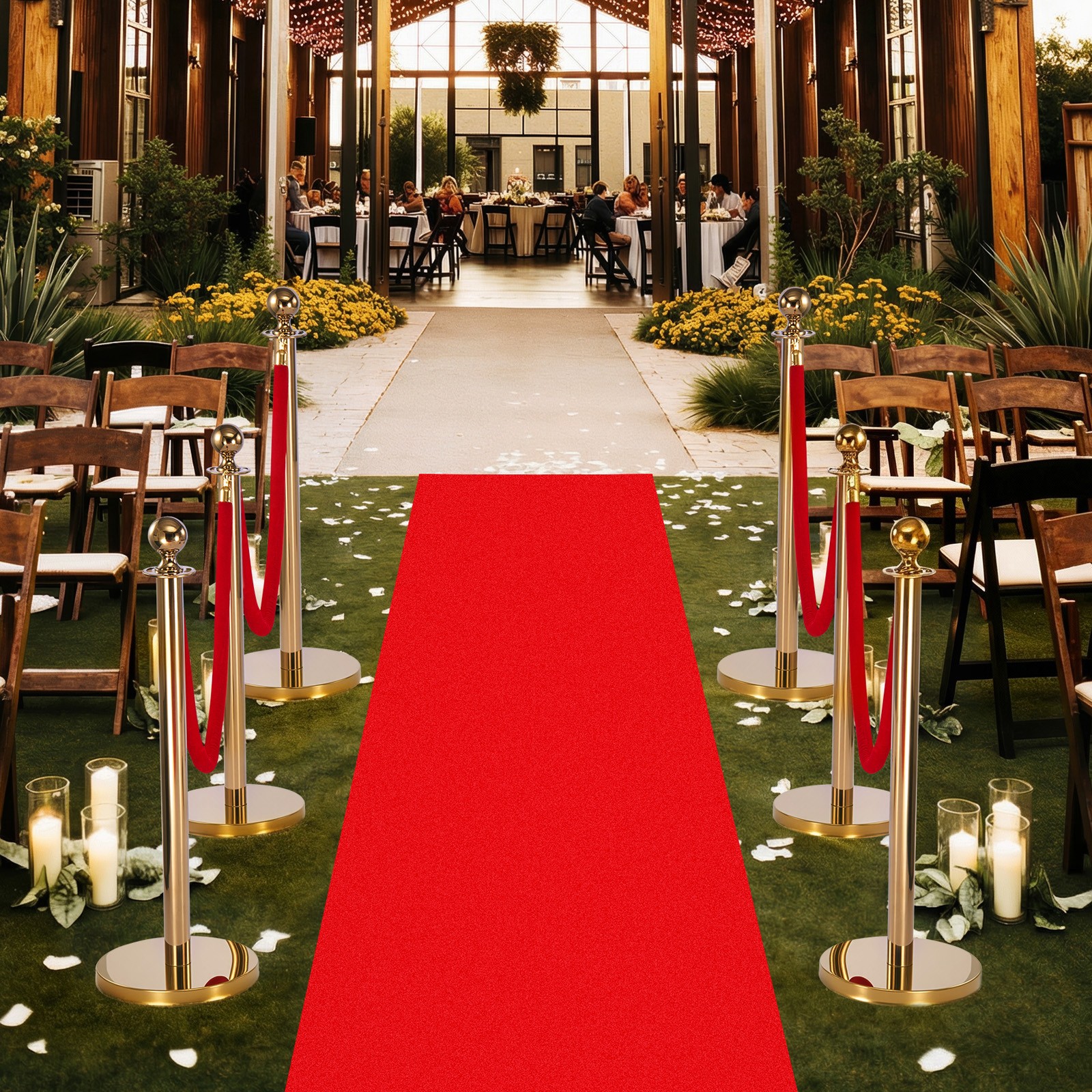 Uimoso 6-Piece Gold Stanchion Set with Red Carpet & 4 Velvet Ropes, Hollow Base