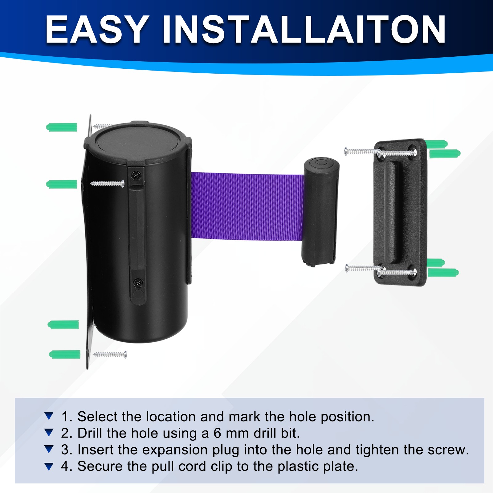 Fixed Wall Mount Retractable Belt Barriers (10 Feet, Purple) (1 Pcs)