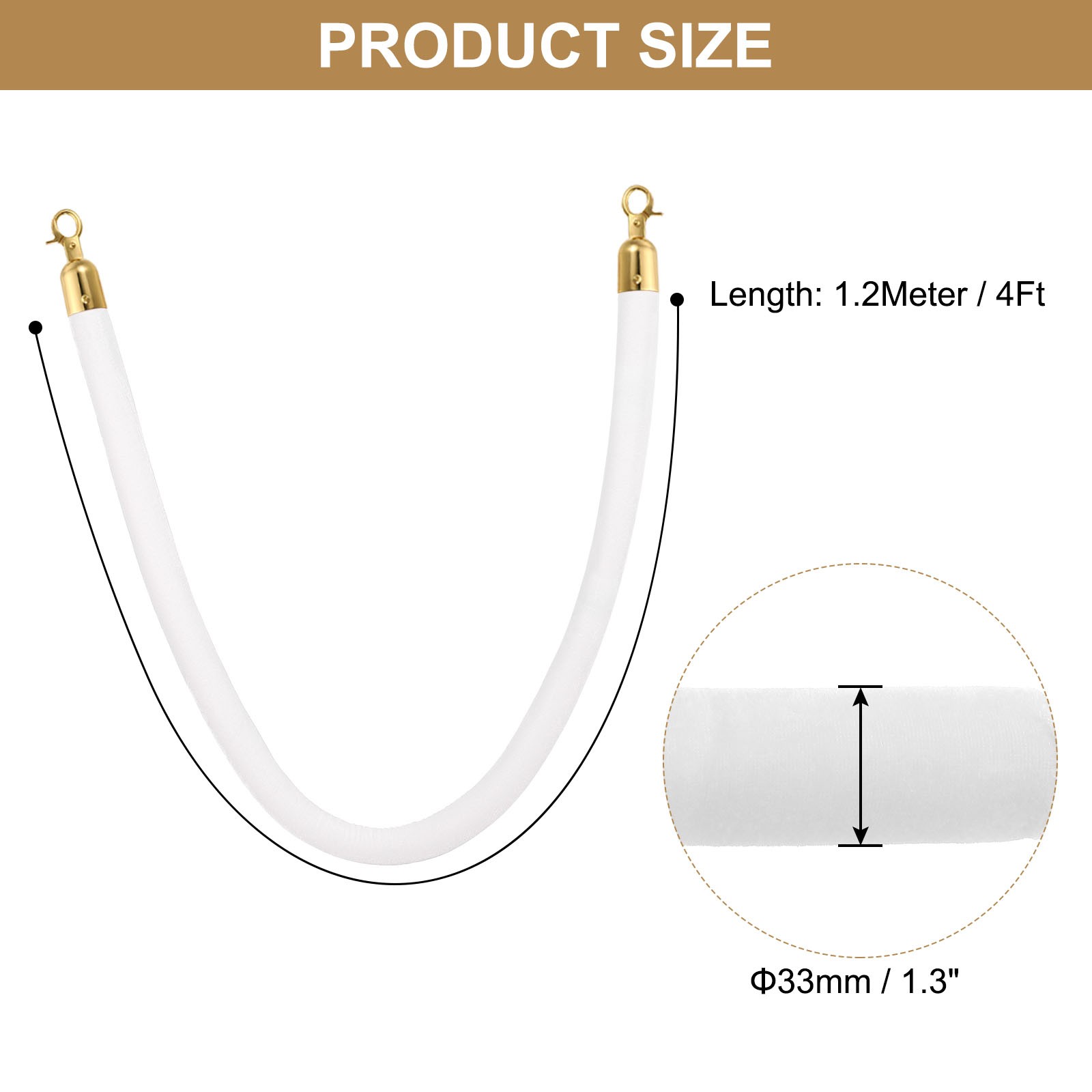 2pack, 4 Feet White Velvet Stanchion Rope Crowd Control Barrier Rope Golden