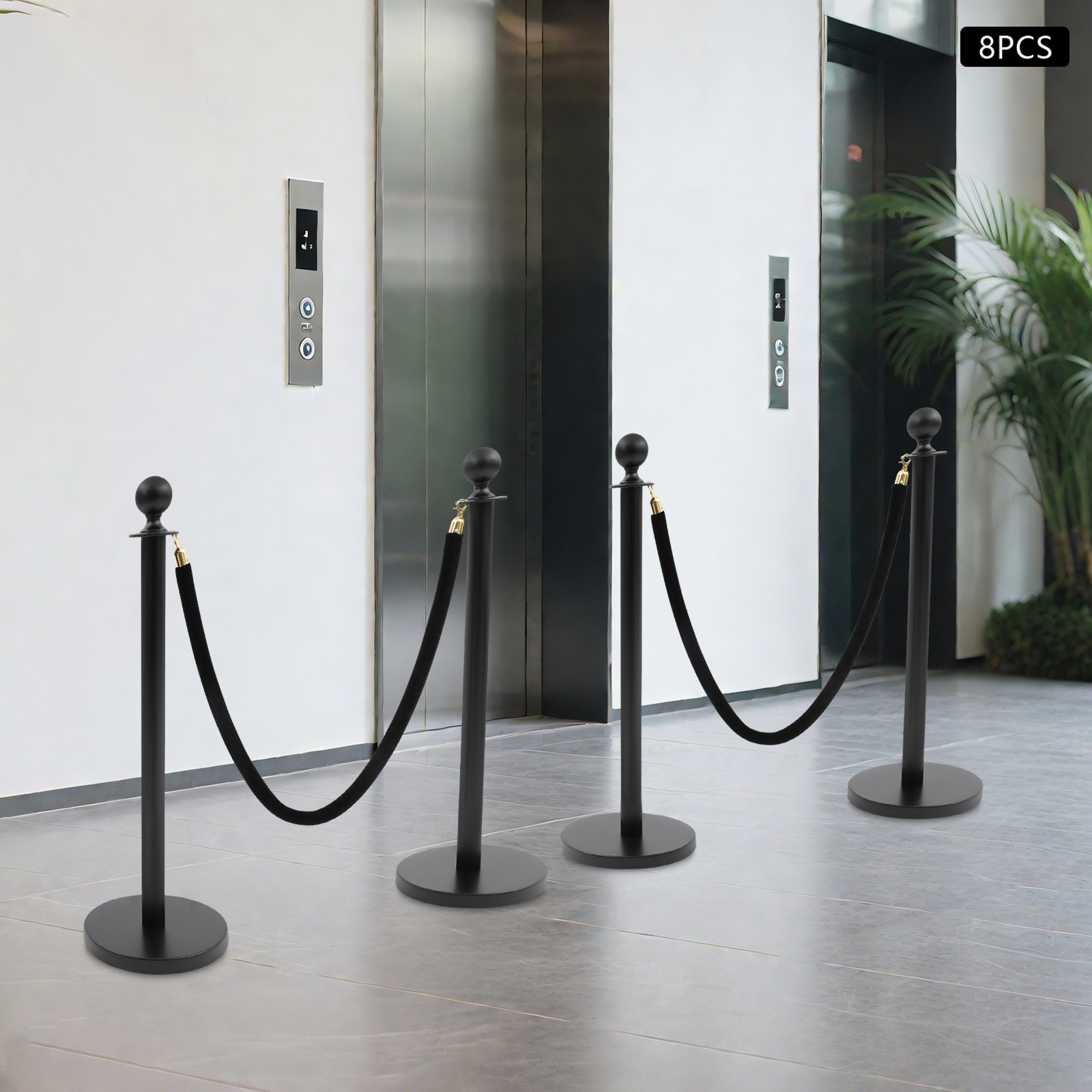 8PCS Black Stanchion Posts Queue Pole with 4 Velvet Ropes Crowd Control Barrier