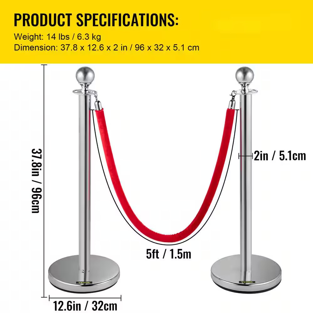 Crowd Control Stanchion 4.9 Ft. Red Velvet Ropes Barriers 4-Pieces Stainless Ste