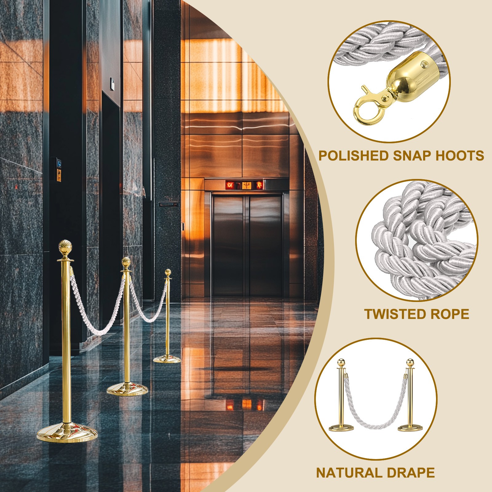 6.6 Ft/2 m Twisted Stanchion Rope Barrier Rope with Hooks White Golden