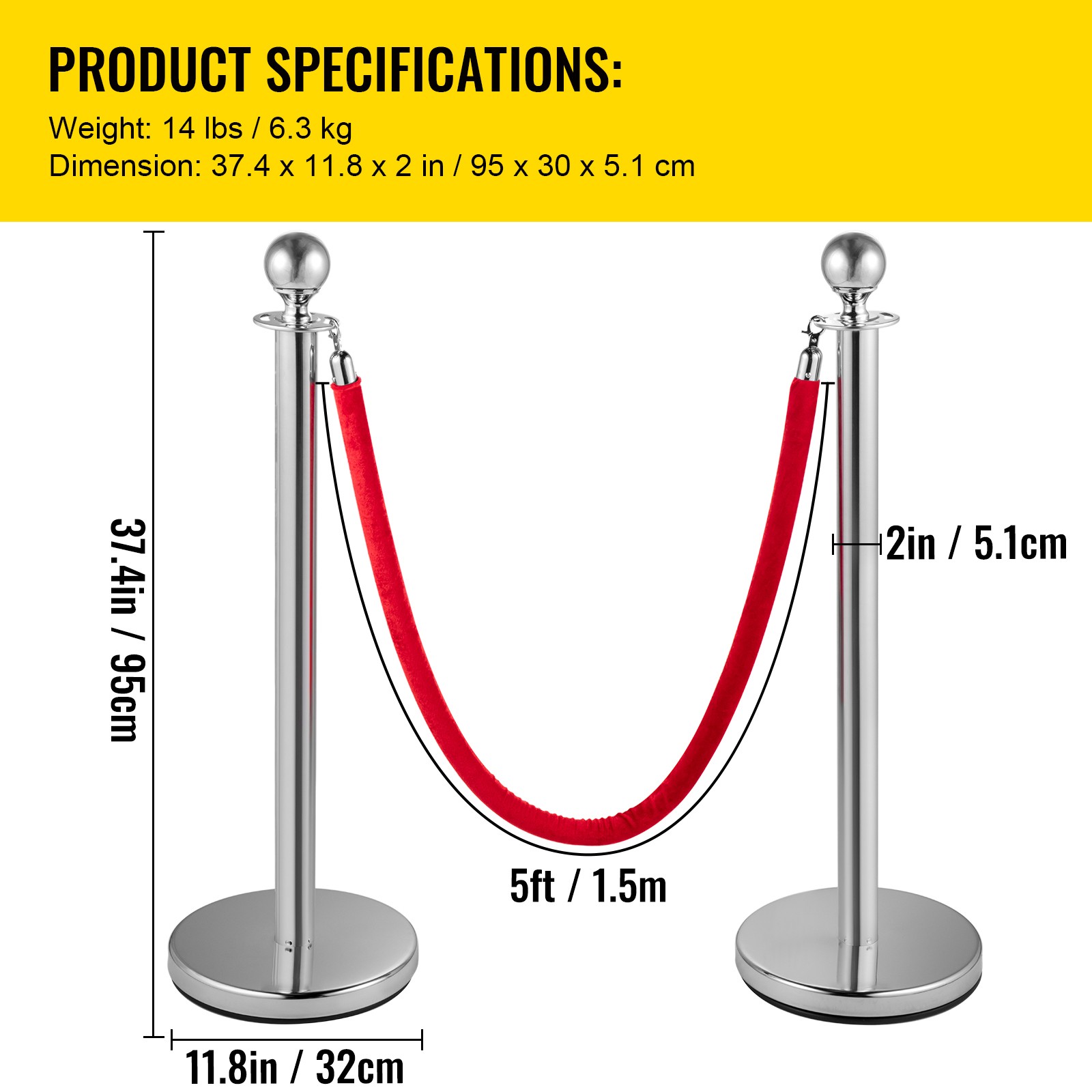 6PCS Silver Stanchion Posts Queue Crowd Control Barrier with 3 Velvet Ropes
