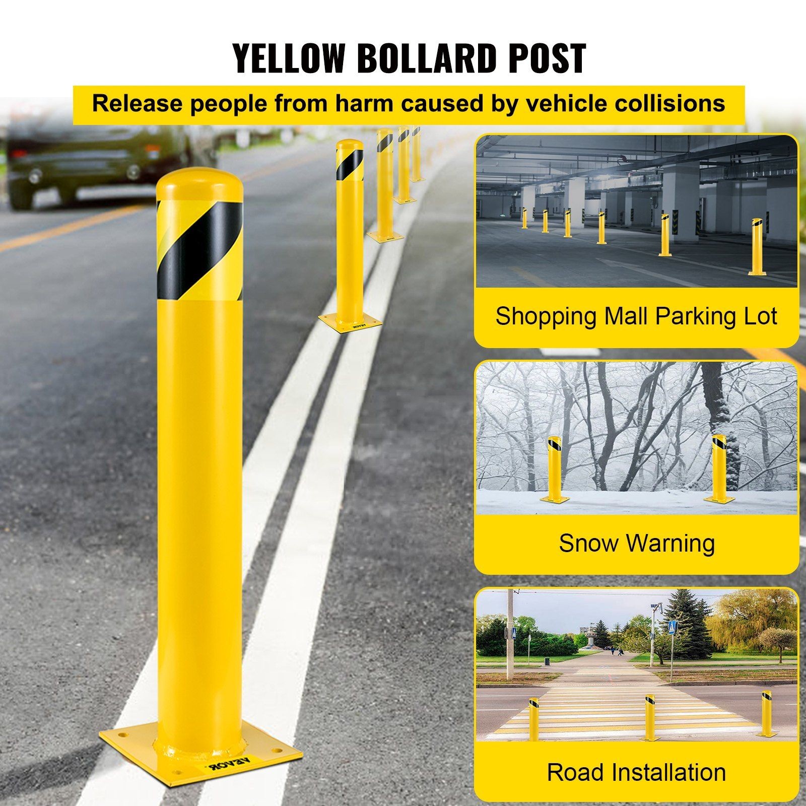 36in Yellow Steel Bollard 5.5in Diameter, Welded Q235, 8 Anchor Bolts