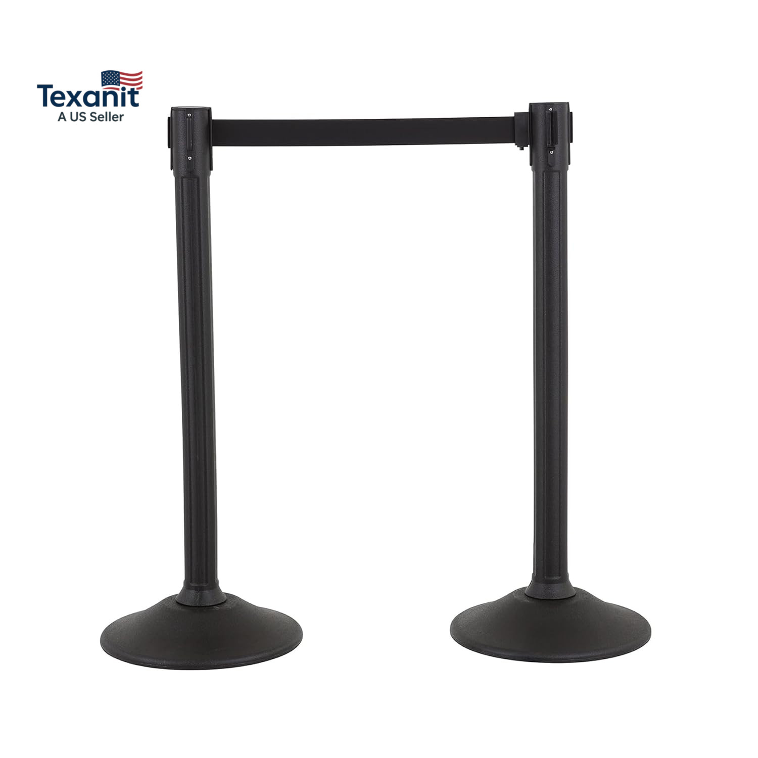 Black Plastic Stanchion for Crowd Control with 6.5′ Retractable Black Barrier Be