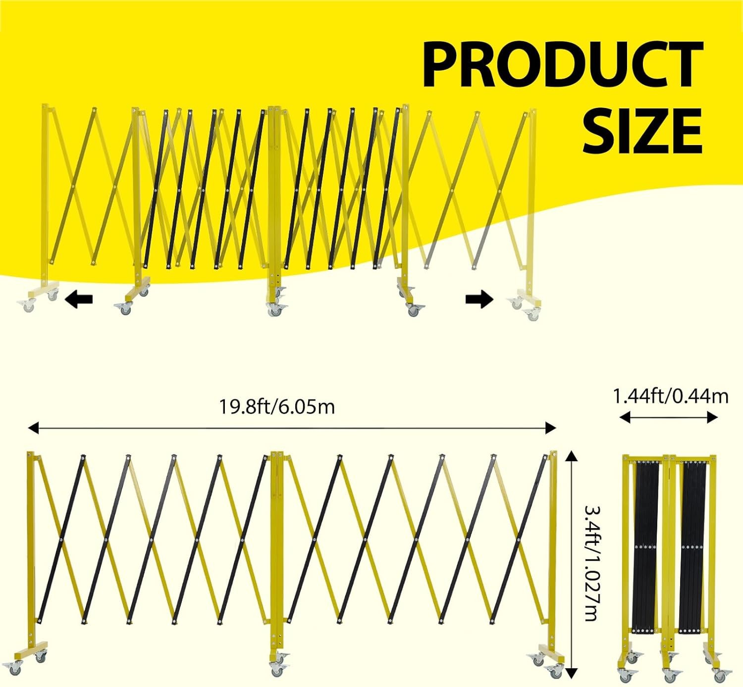 19.8×3.4ft Expandable Metal Barricade Safety Traffic Barrier W/ Casters Yellow