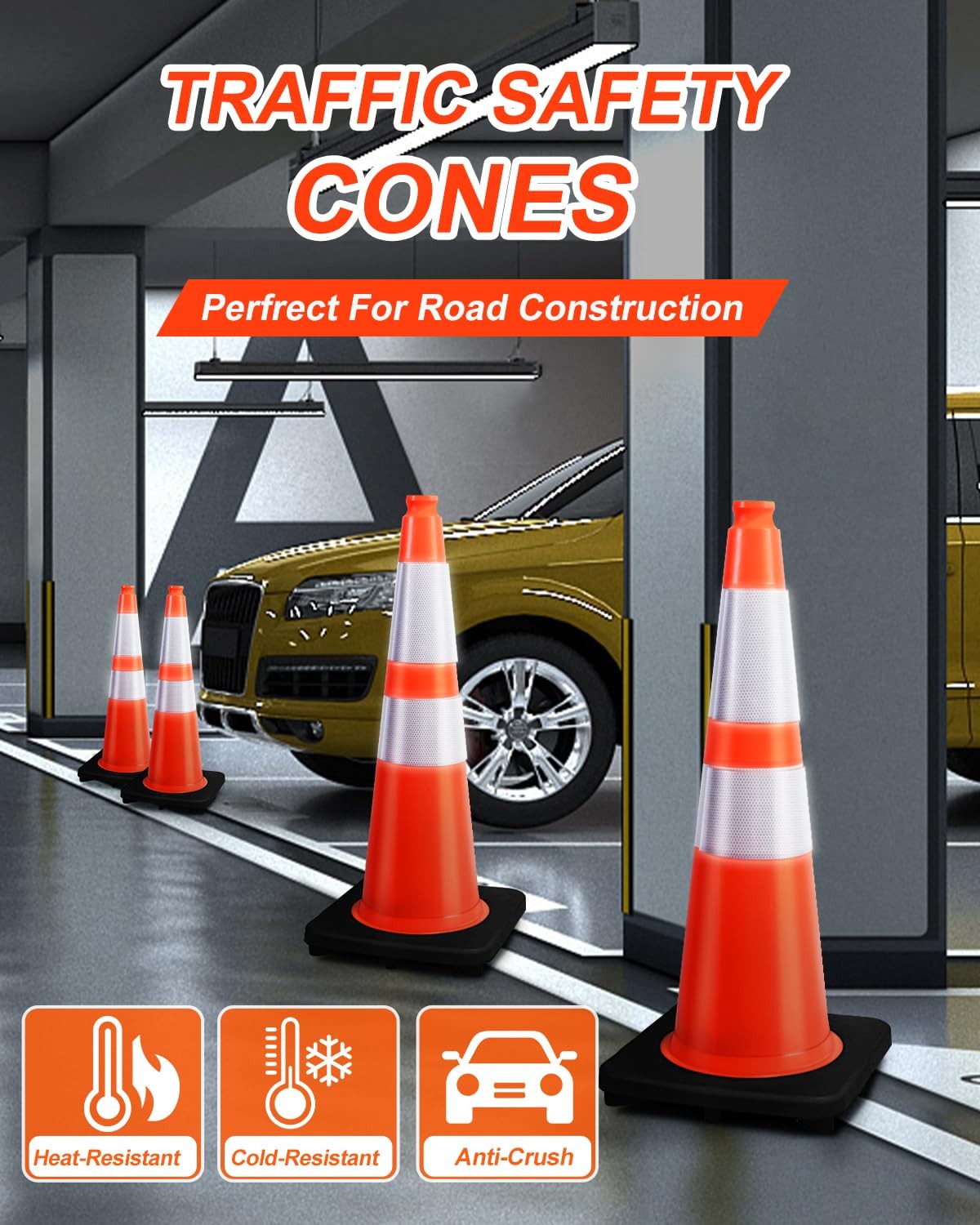 8 Pack 28” inch Traffic Safety Cones Orange Road Parking Cones Heavy Duty