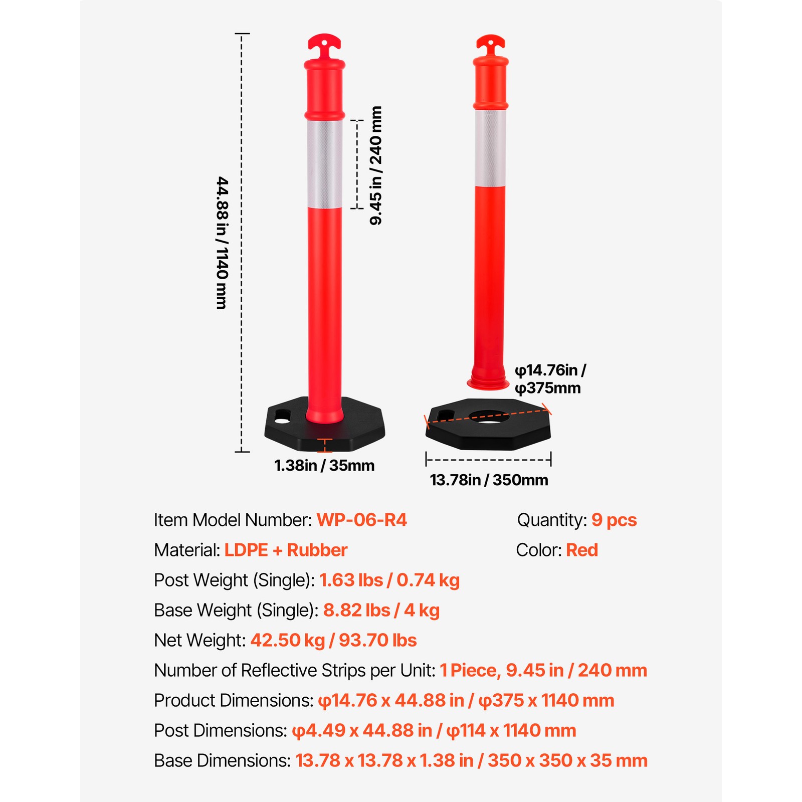 Uimoso 9 Pack Traffic Delineator Posts 45 in with Weighted Base for Safety