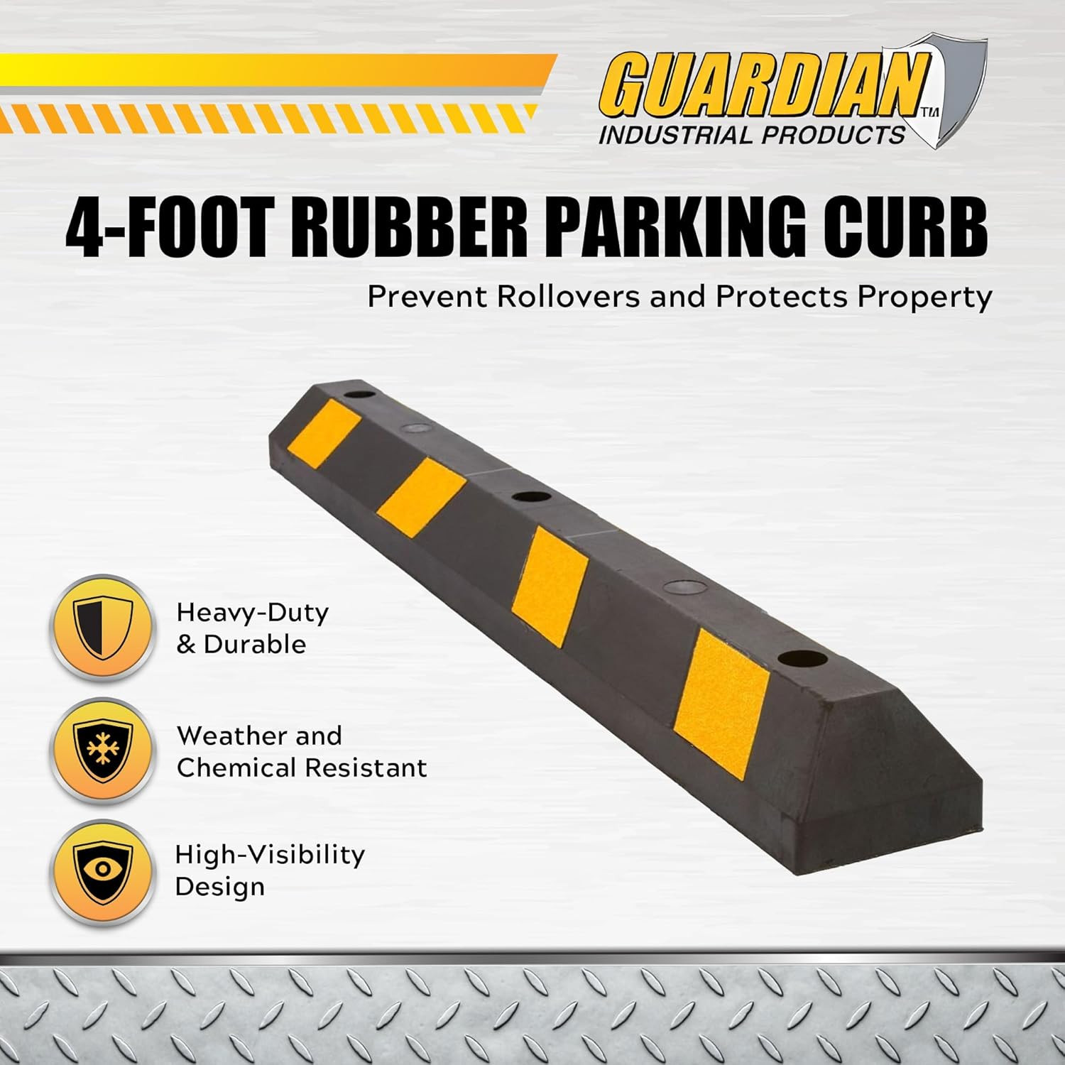 4 Pack Flexible Rubber Parking Stops, 4ft Curb with Mounting Holes, Black/Yellow