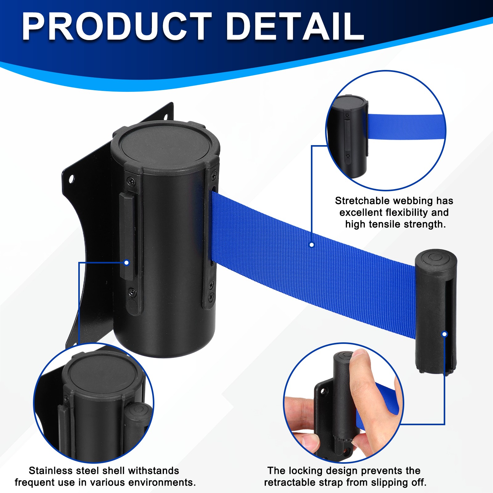 Fixed Wall Mount Retractable Belt Barriers (10 Feet, Dark Blue) (1 Pcs)