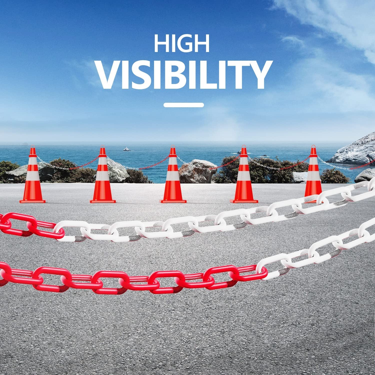 Bright Red & White 32ft Safety Chain with Connectors for Traffic Management