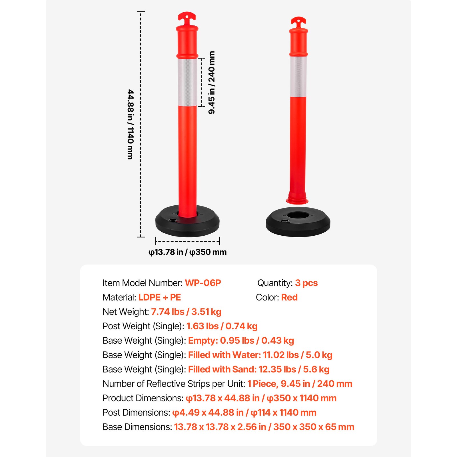 Uimoso Set of 3 Traffic Delineator Posts 48-Inch Safety Cones with Fillable Base