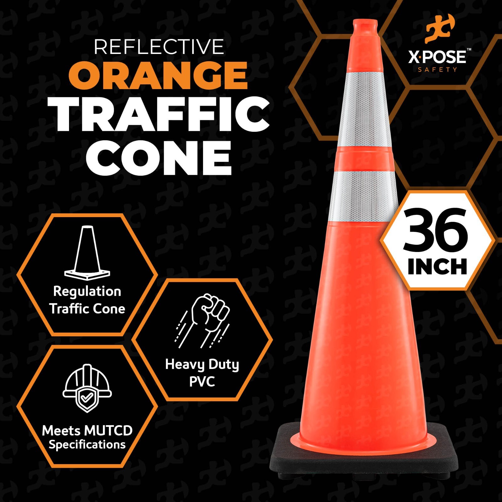 36 Inch Orange Traffic Cones with 6″ & 4″ Collars – PVC Plastic Safety Cone