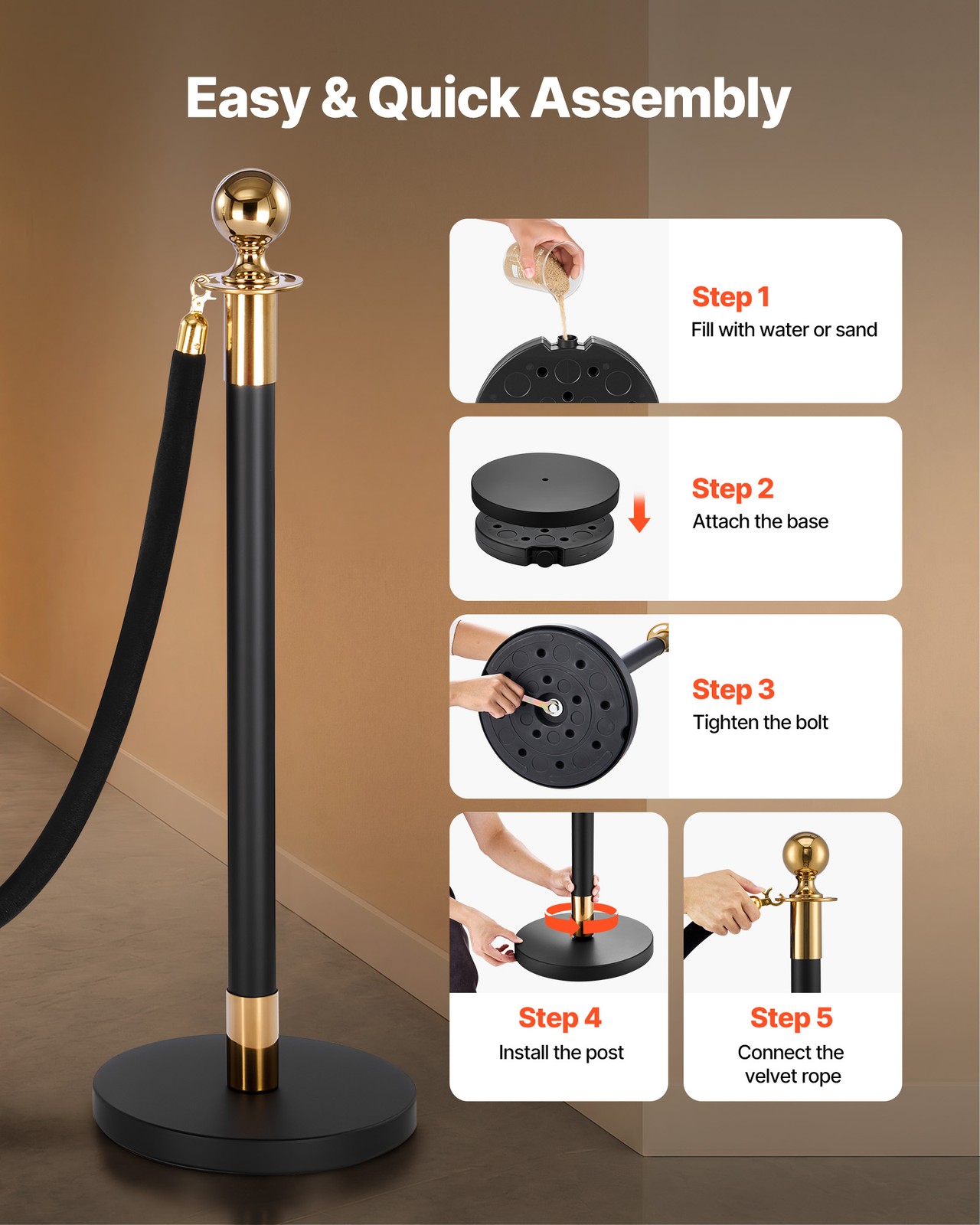 VEVOR 4 Pcs Stanchion Post with 2 Black Velvet Ropes and Hollow Base Black