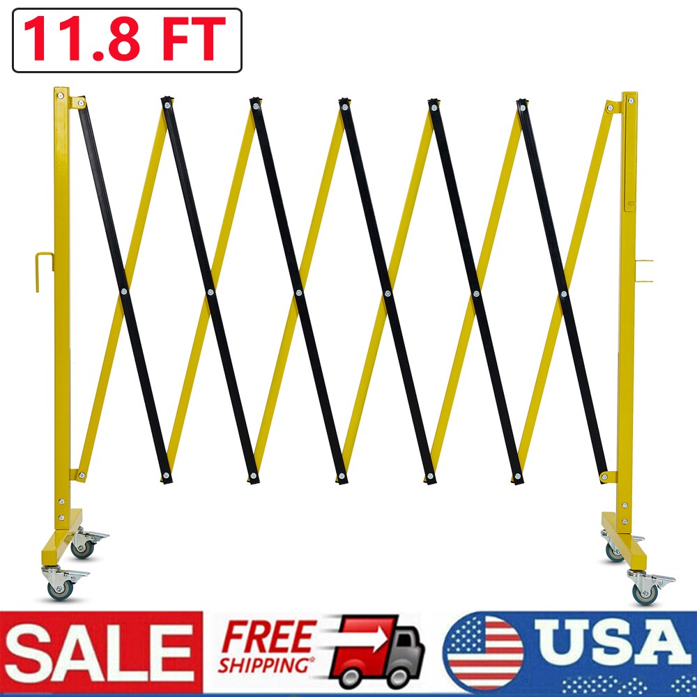 11.8×3.4ft Expandable Metal Barricade Safety Traffic Barrier W/ Casters Yellow