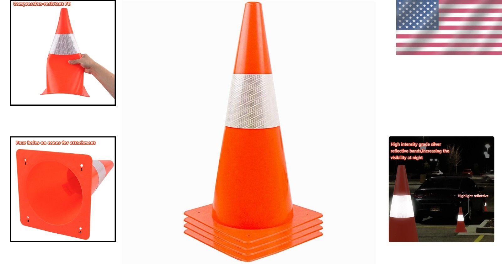Bright Orange 12-Inch Training & Parking Cones with Reflective Strips – 4 Pack
