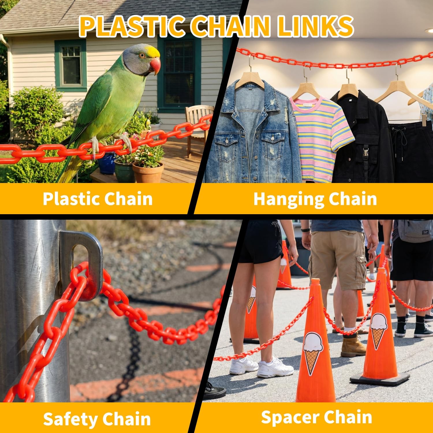 ⭐Plastic UV Resistant Safety Barrier Chain Links 240FT w/50 S Hooks for Driveway