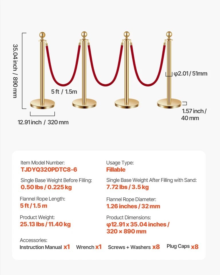 8Pcs Stanchion Post Queue Barrier Crowd Control Sand Injection Base Gold