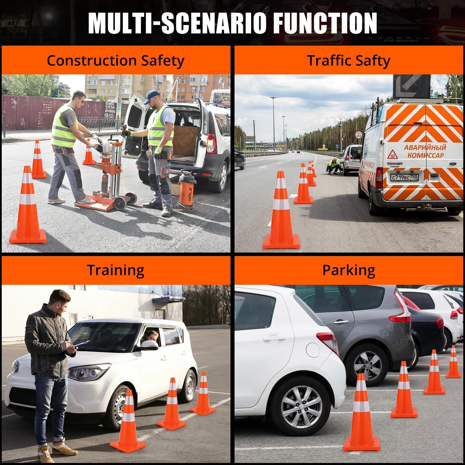Pack of 12 28″ Safety Cones w Rubber Base for Parking Traffic Control Heavy Duty