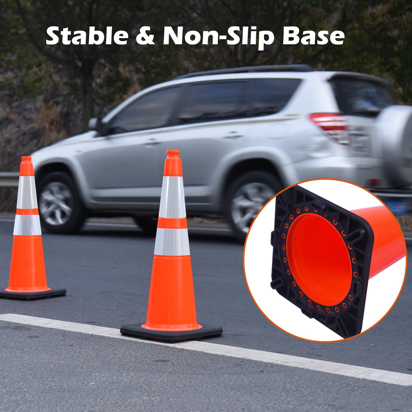 8PCS 28inch Orange Black Base Flexible PVC Traffic Cones with Reflective Collar