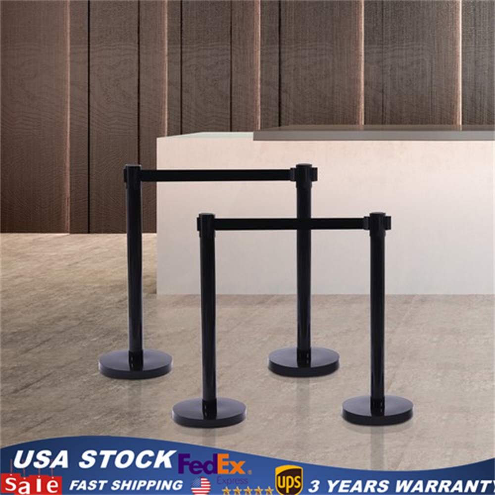 4* Black Retractable Belts Stanchion Post Event & Party Crowd Control 6.6ft Belt