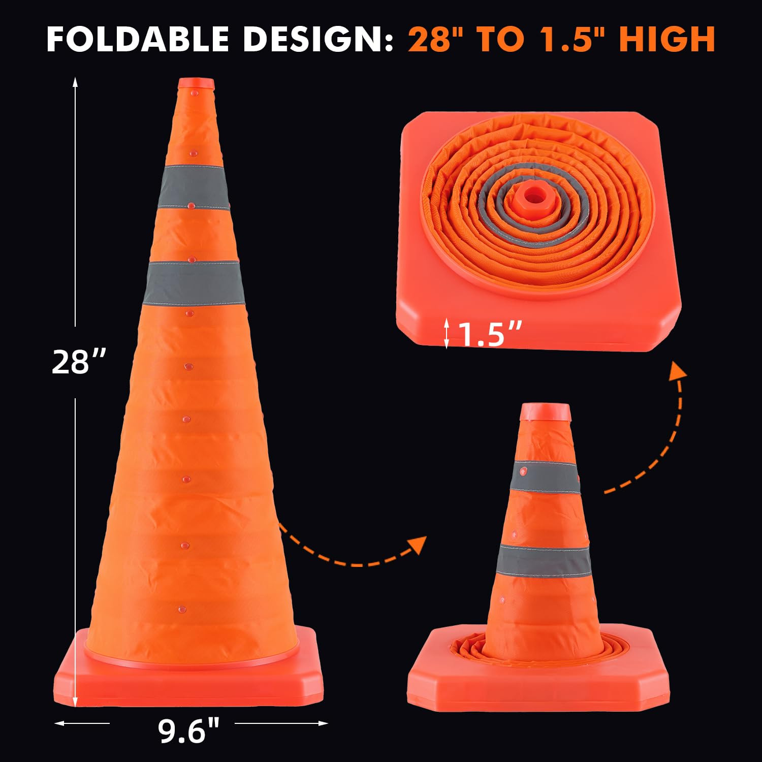 Jade Butterfly 28 Inch 4 Pack Collapsible Traffic Safety Cones, Orange Cones wit