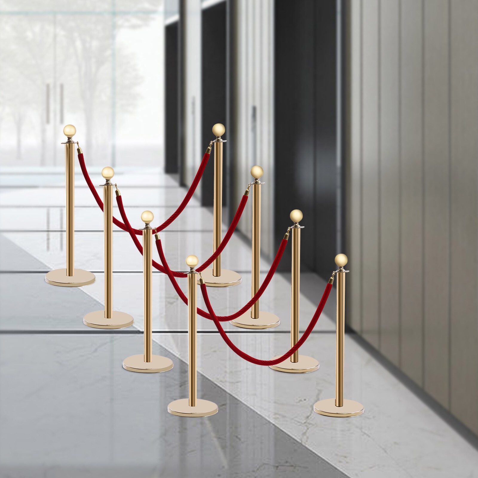 8 PCS Crowd Control Stanchion Gold Posts Set with Red Velvet Rope Queue Barrier!