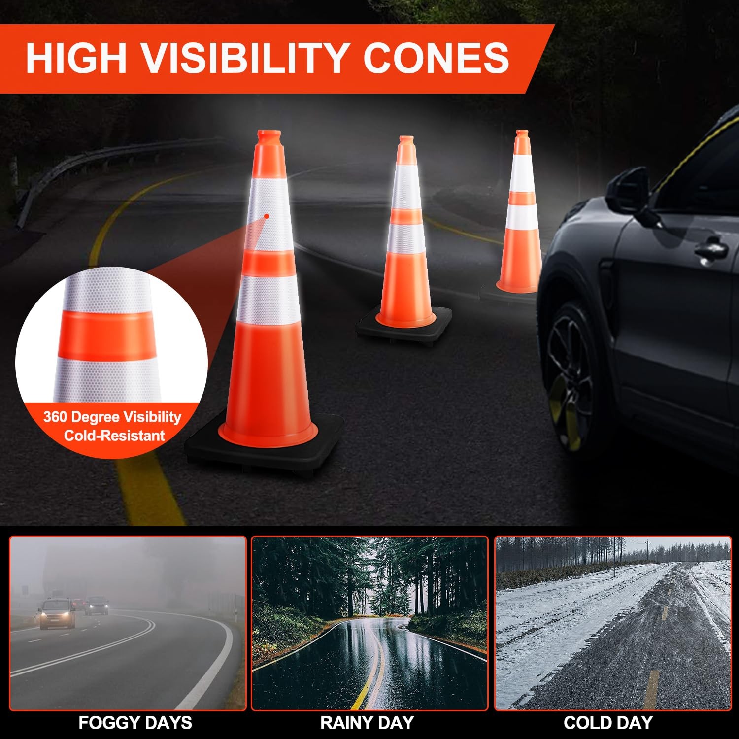 8 Cones Besea 28 Inch Orange Pvc Traffic Cones Black Base Construction Safety