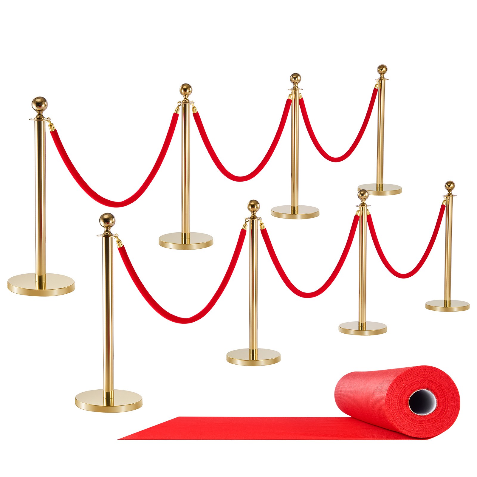 VEVOR 8 Pcs Stanchion Post with Red Carpet & 6 Red Velvet Ropes Hollow Base Gold