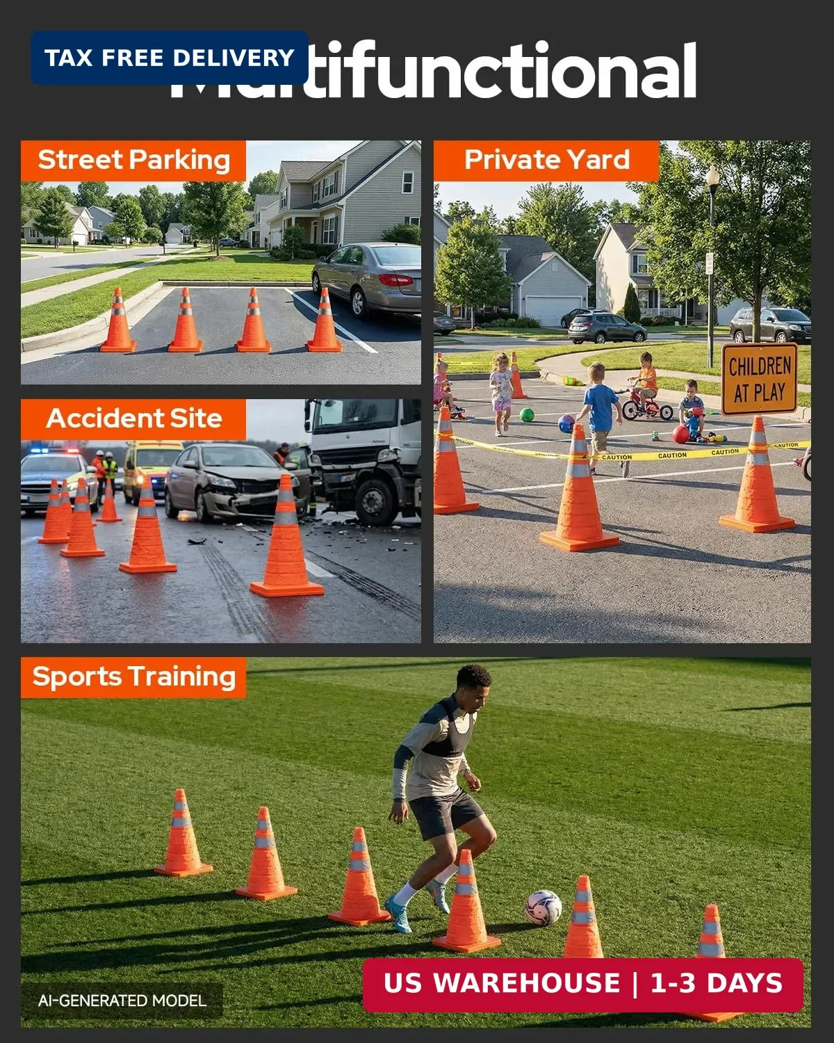 2 Pack 28 Inch Collapsible Traffic Safety Cones, Orange Pop Up Cones with Reflec