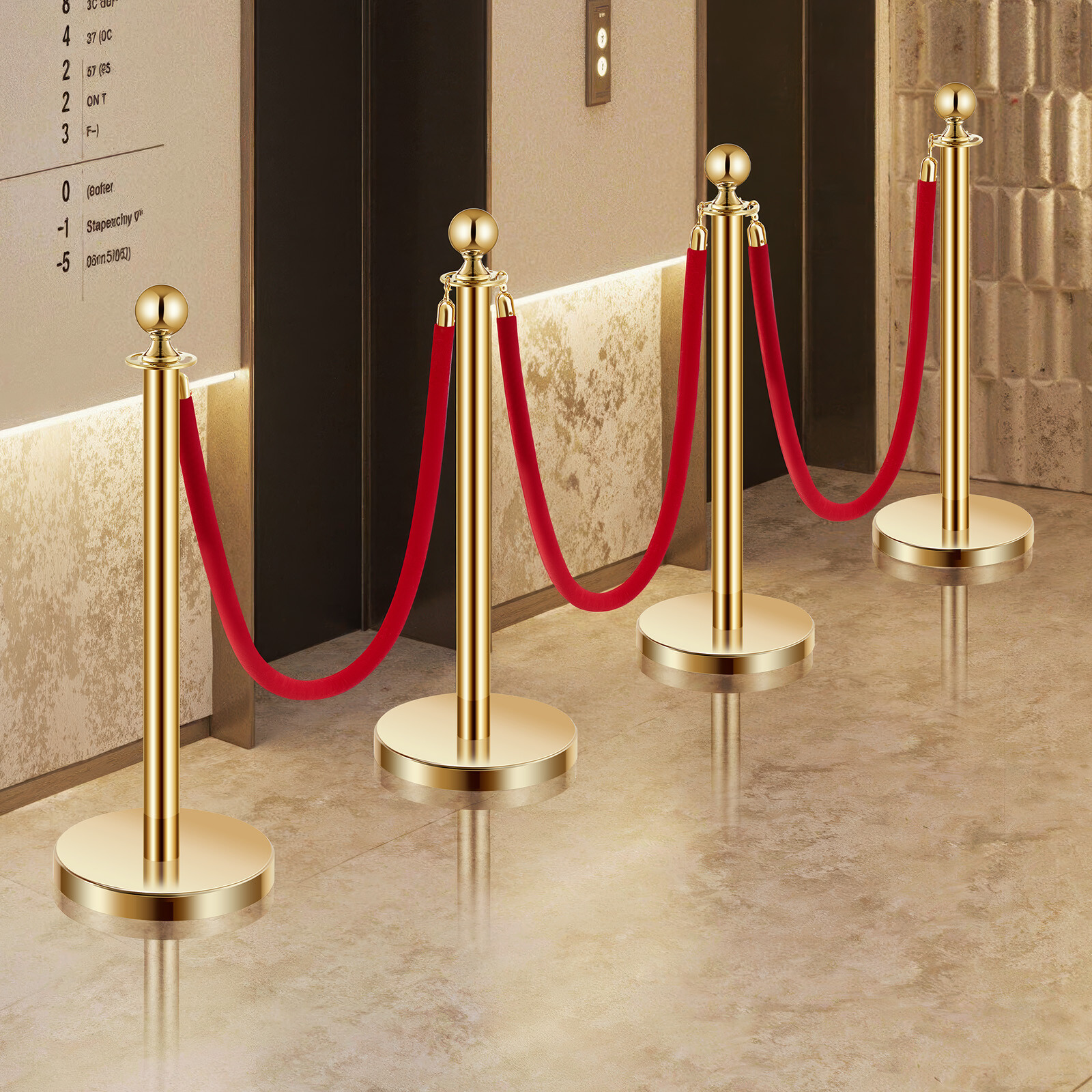 8 Pcs Gold Stanchion Post 6 Red Velvet Ropes Sand Injection Hollow Base
