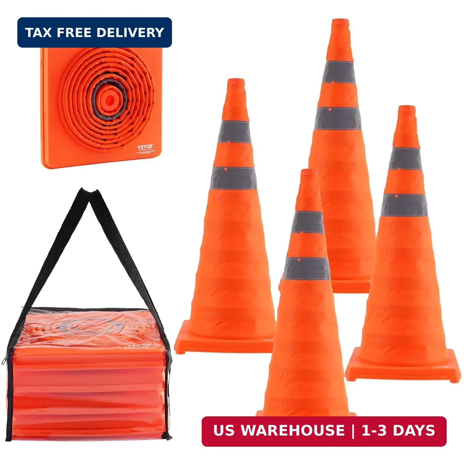 VEVOR Safety Cones, 4 Pack 28 inch Collapsible Traffic Cones, Construction Cones