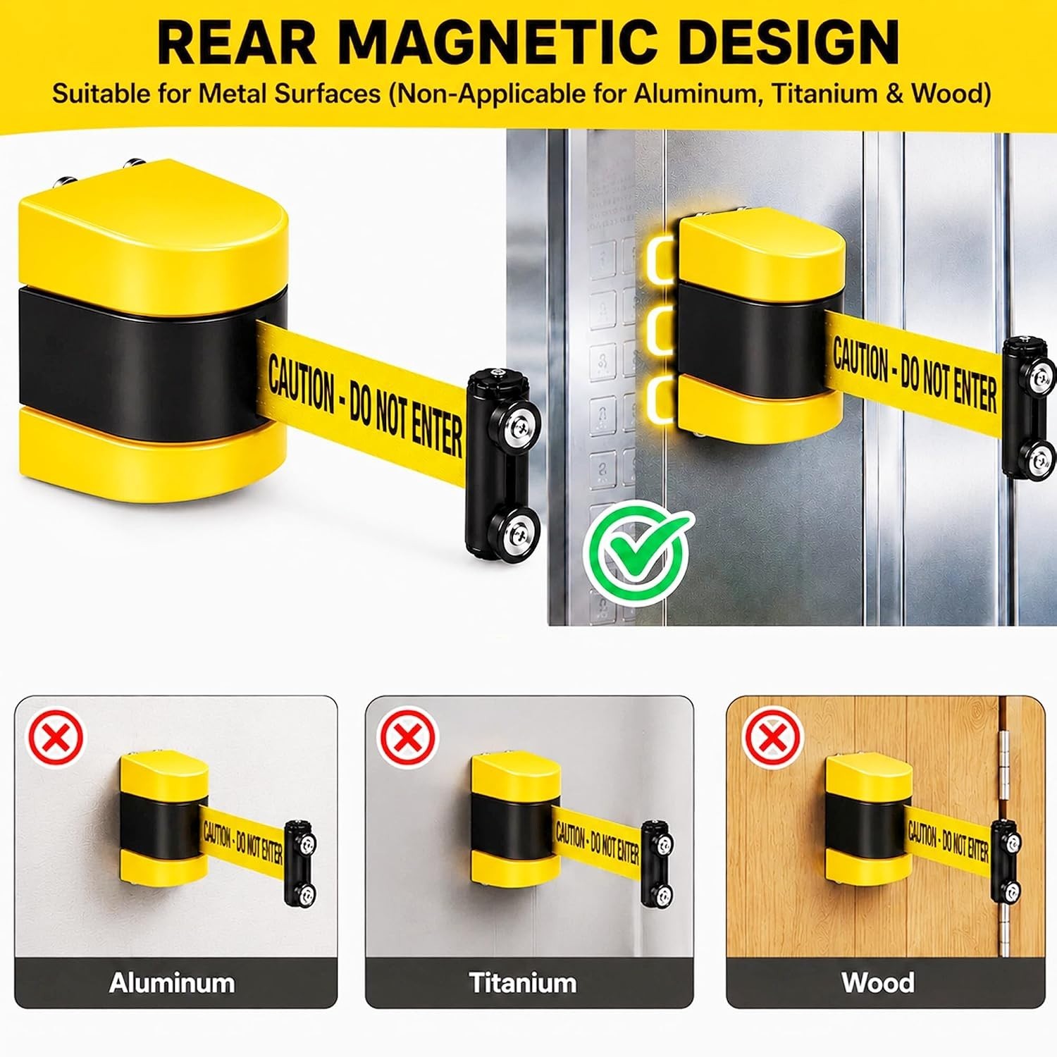 Magnetic Wall Mount Retractable Barrier 4 Pack, Fixed Crowd Control Caution Belt