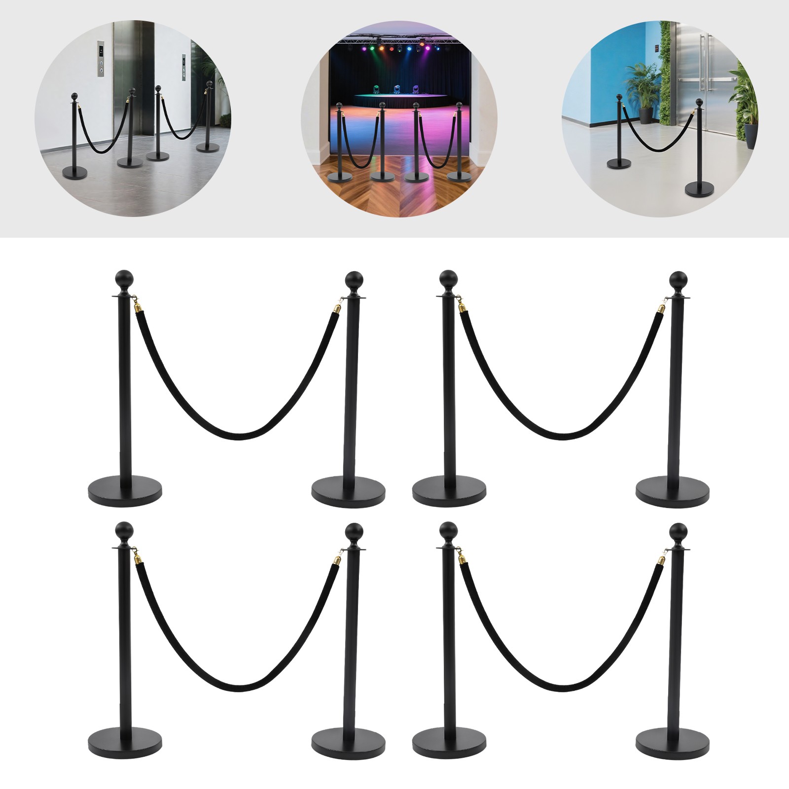 8 PCS Black Stanchion Posts Queue Pole w/ 4 1.5M Ropes Crowd Control Barrier USA