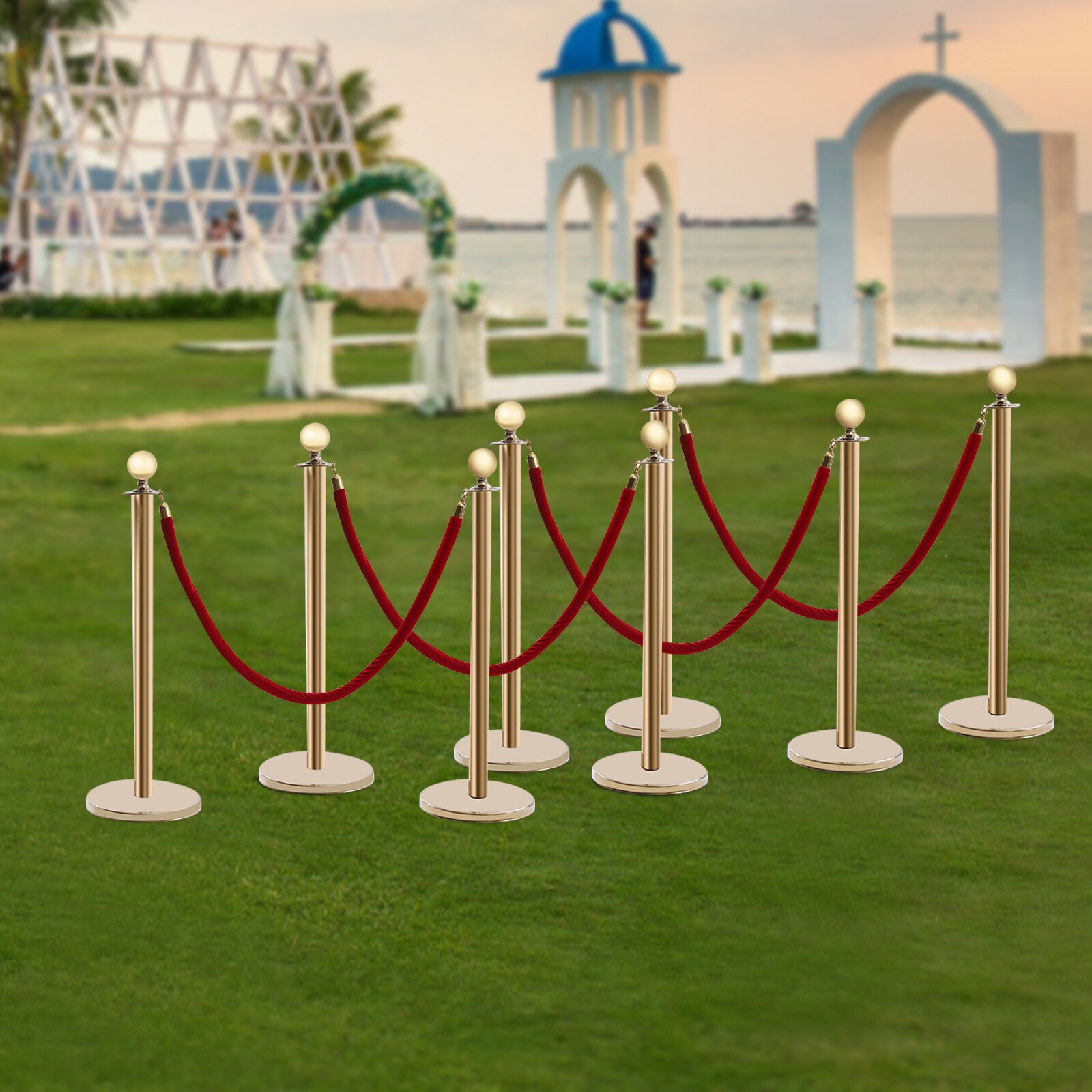 8 PCS Crowd Control Stanchion Gold Posts Set with Red Velvet Rope Queue Barrier!