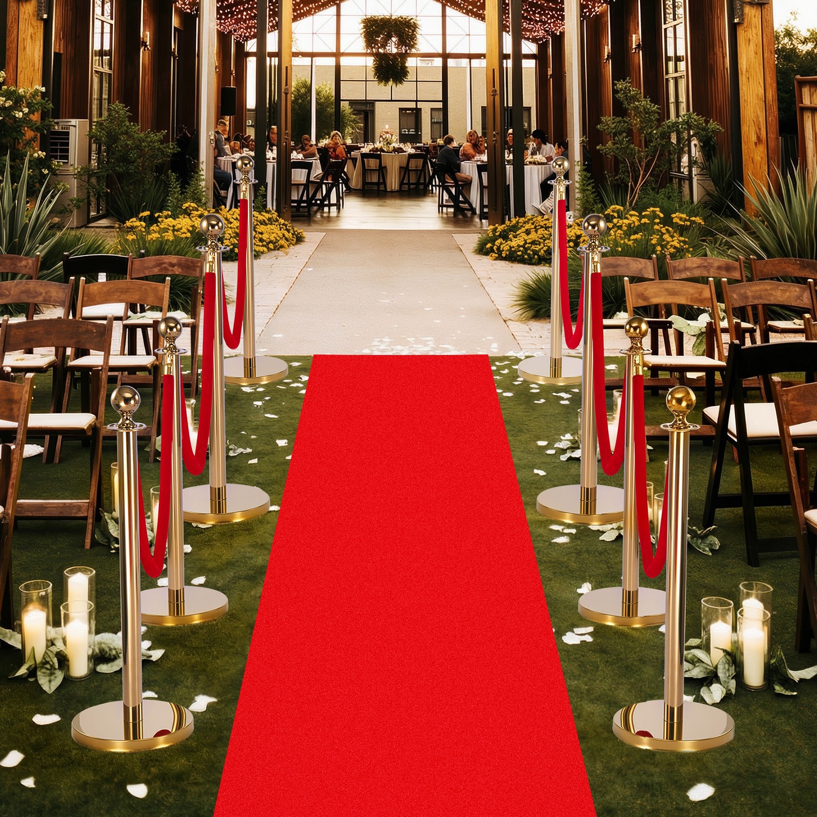 VEVOR 8 Pcs Stanchion Post with Red Carpet & 6 Red Velvet Ropes Hollow Base Gold